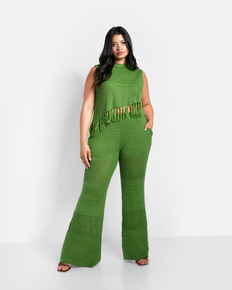 Front of a model wearing a size 3X Shanti Crochet Tassel Hem Crop Top - Apple Green in Green by Rebdolls. | dia_product_style_image_id:324346